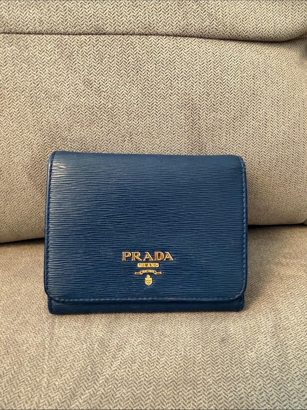 Authentic Prada Navy Blue Saffiano Leather Compact Wallet with Gold Logo